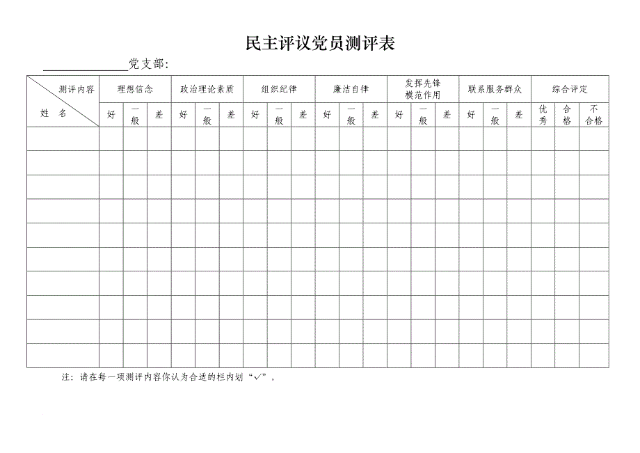 党支部民主评议党员测评表(模版).doc_第1页