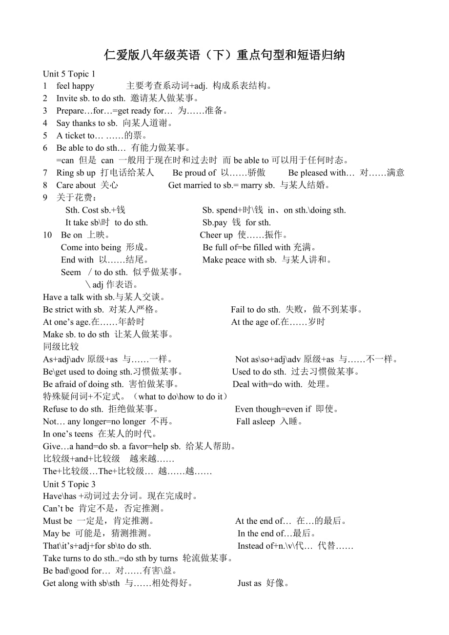 仁爱版八年级下册英语的重点句型和短语.doc_第1页