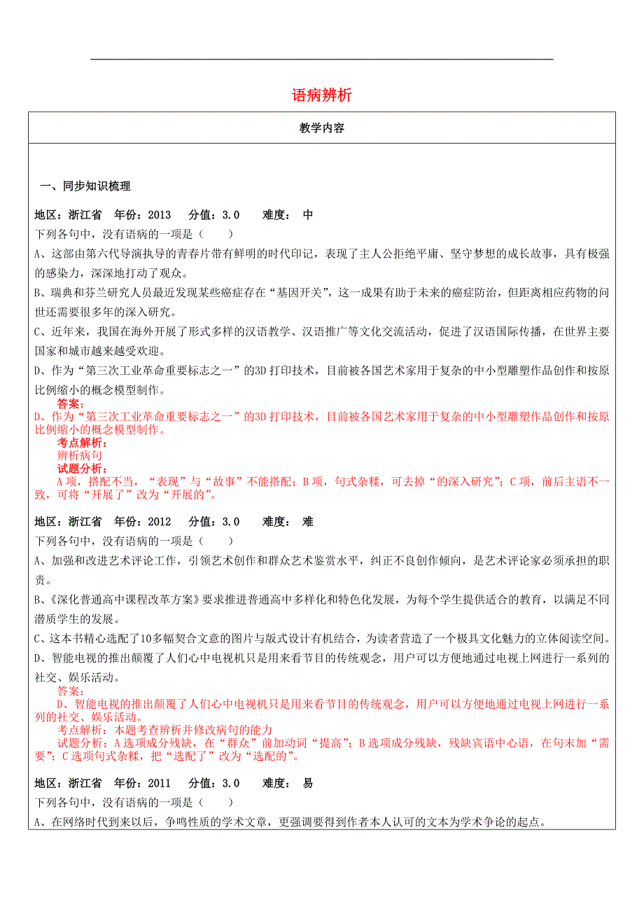 2017年高三语文教师辅导讲义：语病辨析_第1页