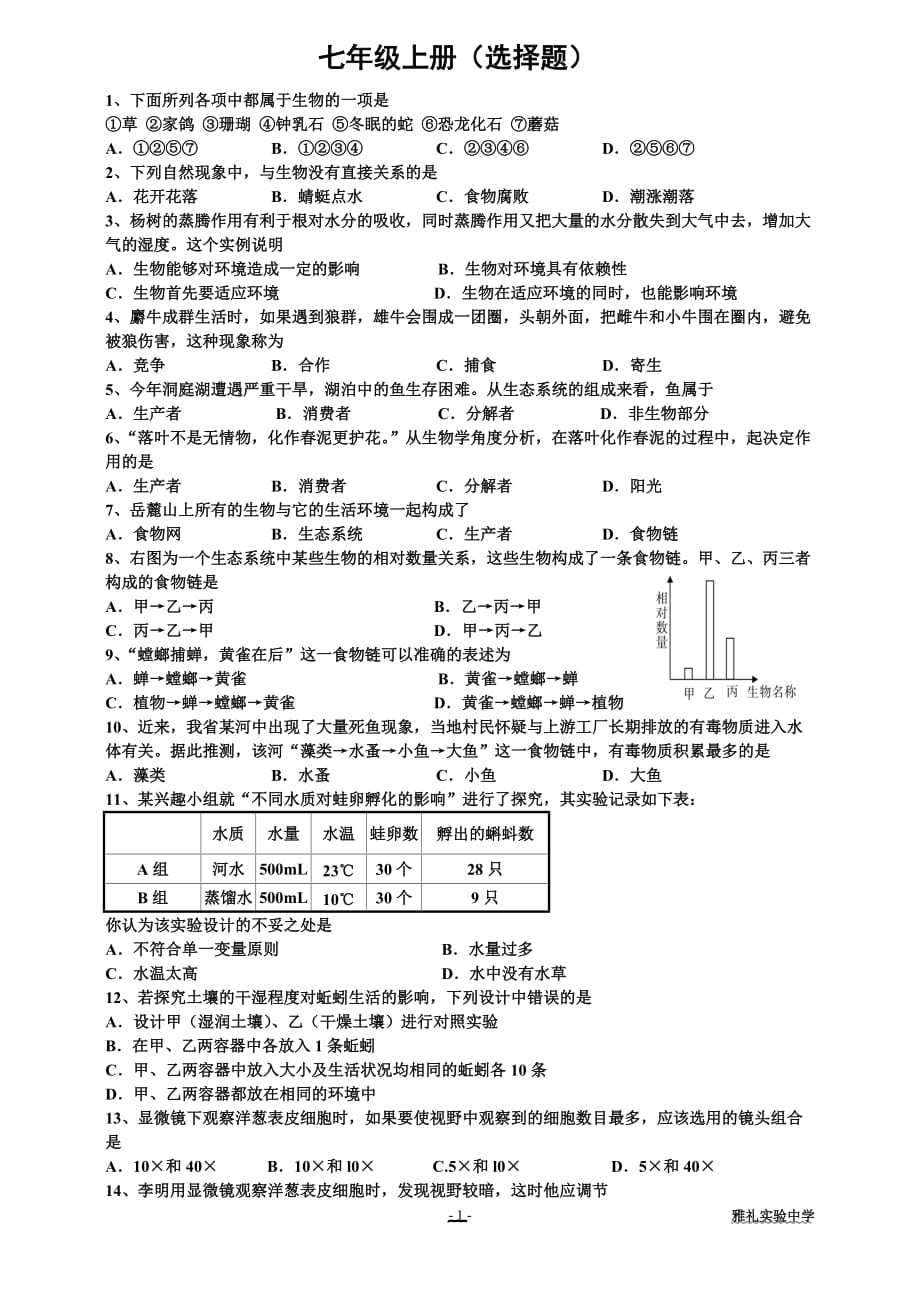 七年级上册复习提纲(选择题、填图题、概念图、实验题)._第1页