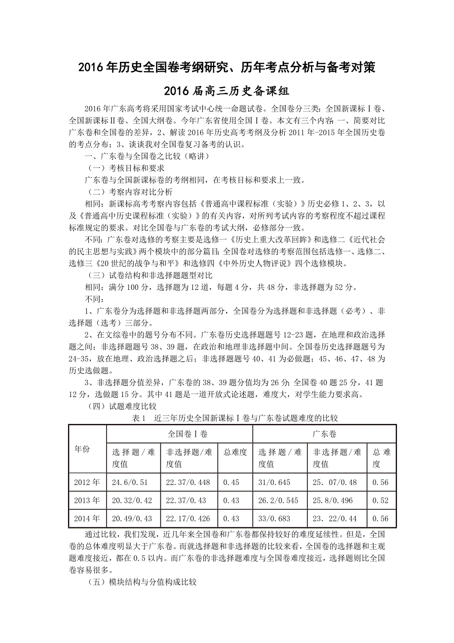 唐雪莲2016年历史全国卷考纲研究、历年考点分析及备考对策_第1页