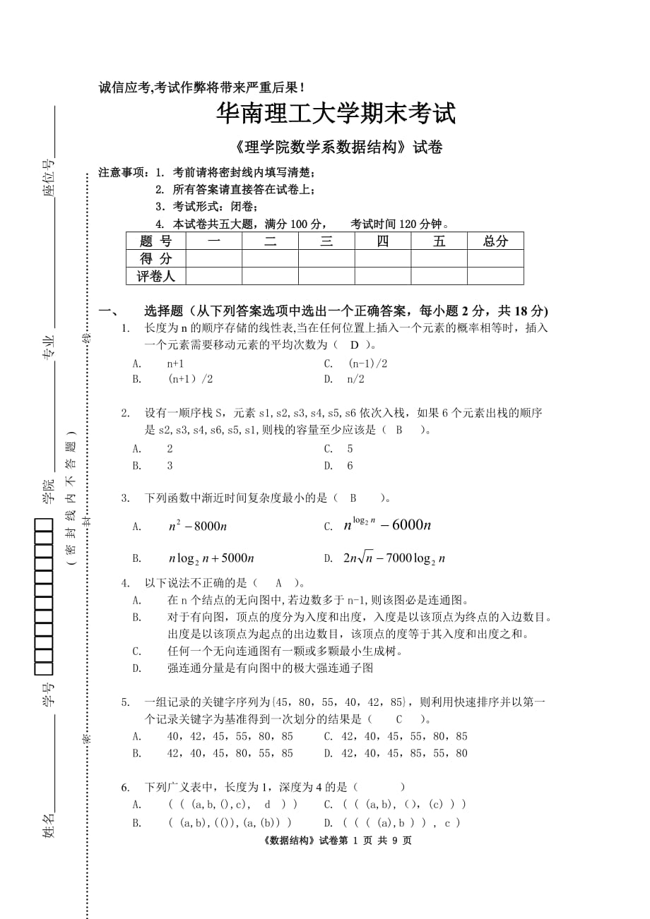 华南理工大学理学院数学系数据结构试卷_第1页