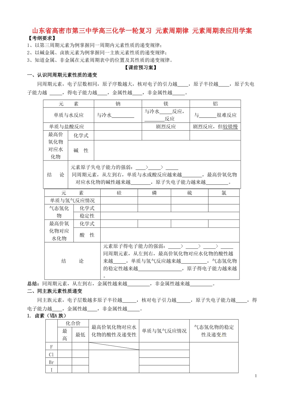 山东省高密市第三中学高三化学一轮复习元素周期律元素周期表应用导学案剖析_第1页