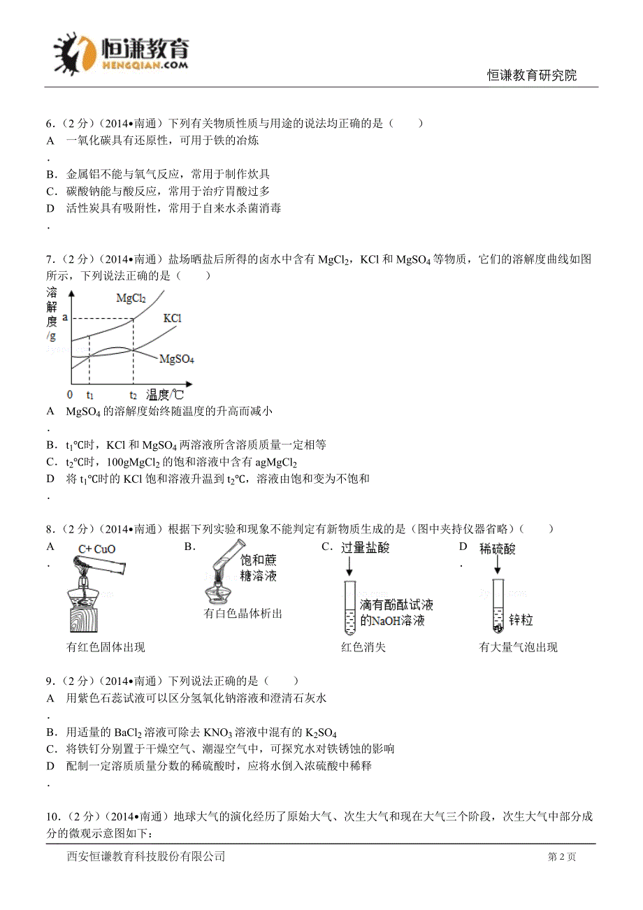 江苏南通化学-2014初中毕业学业考试试卷._第2页