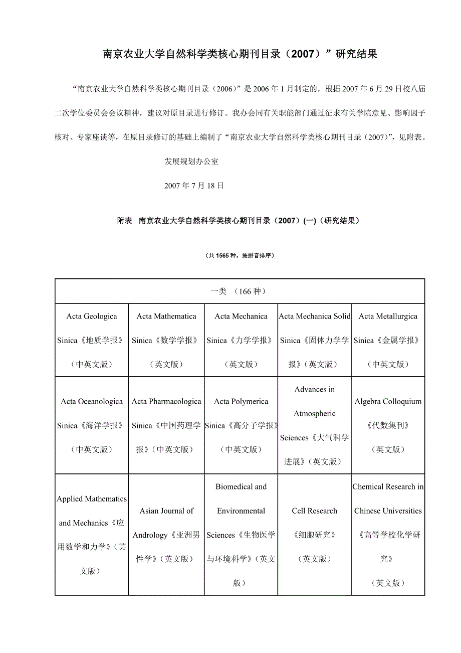 南京农业大学自然科学类核心期刊目录(2007)”研究结果._第1页