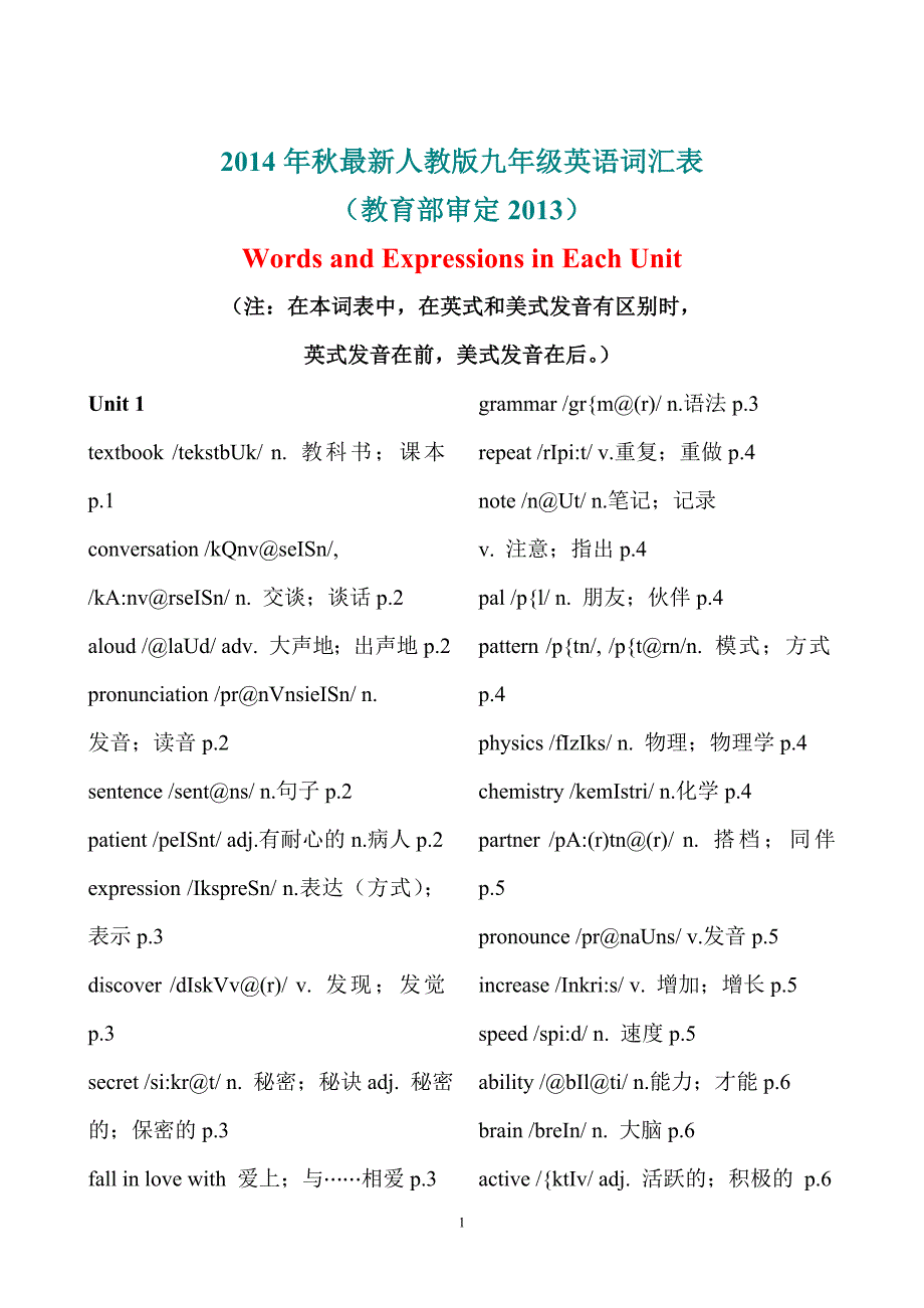 九年级英语词汇表(2013年教育部审定)讲义_第1页