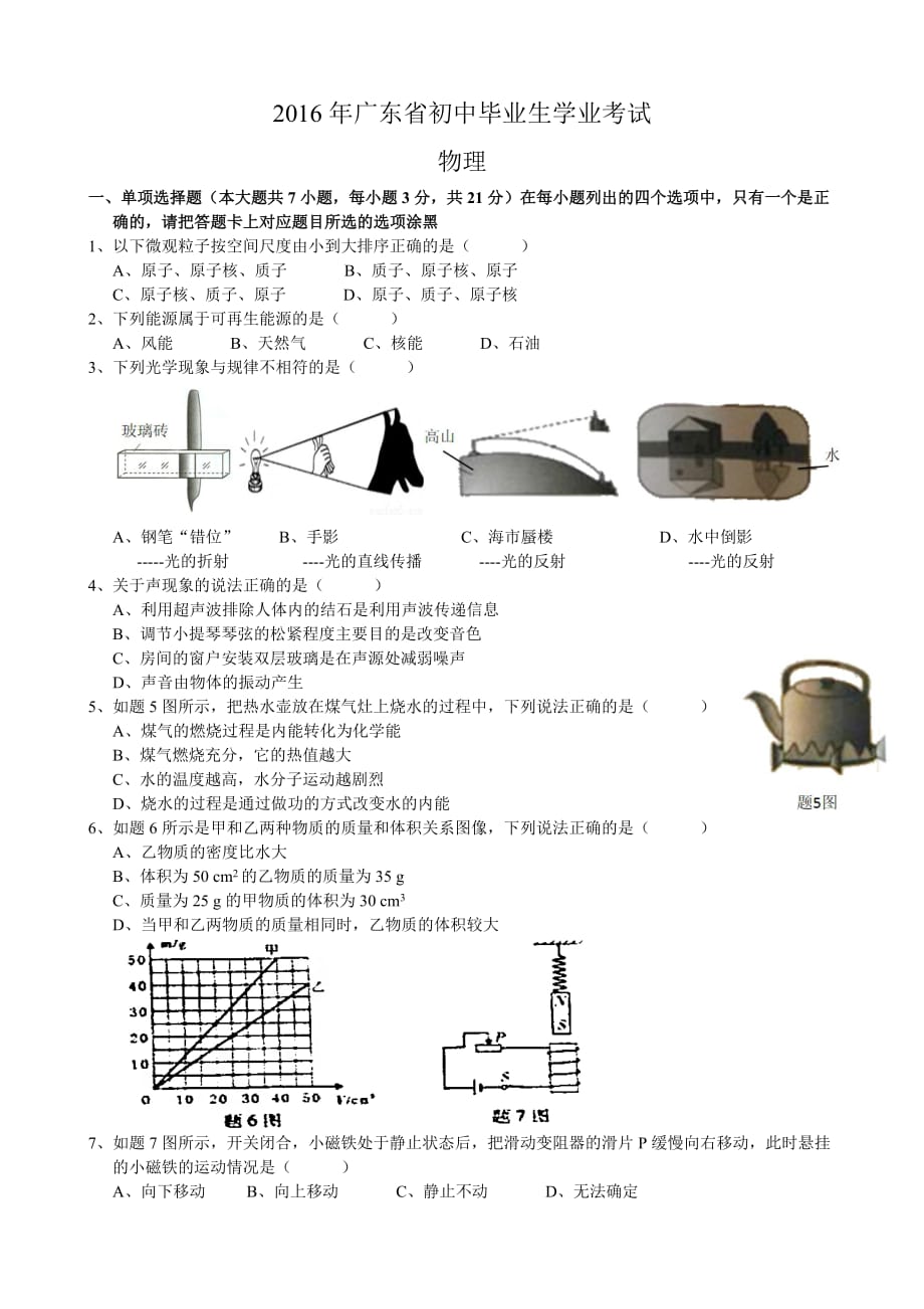 2016年广东省中山学业考物理与参考答案_第1页