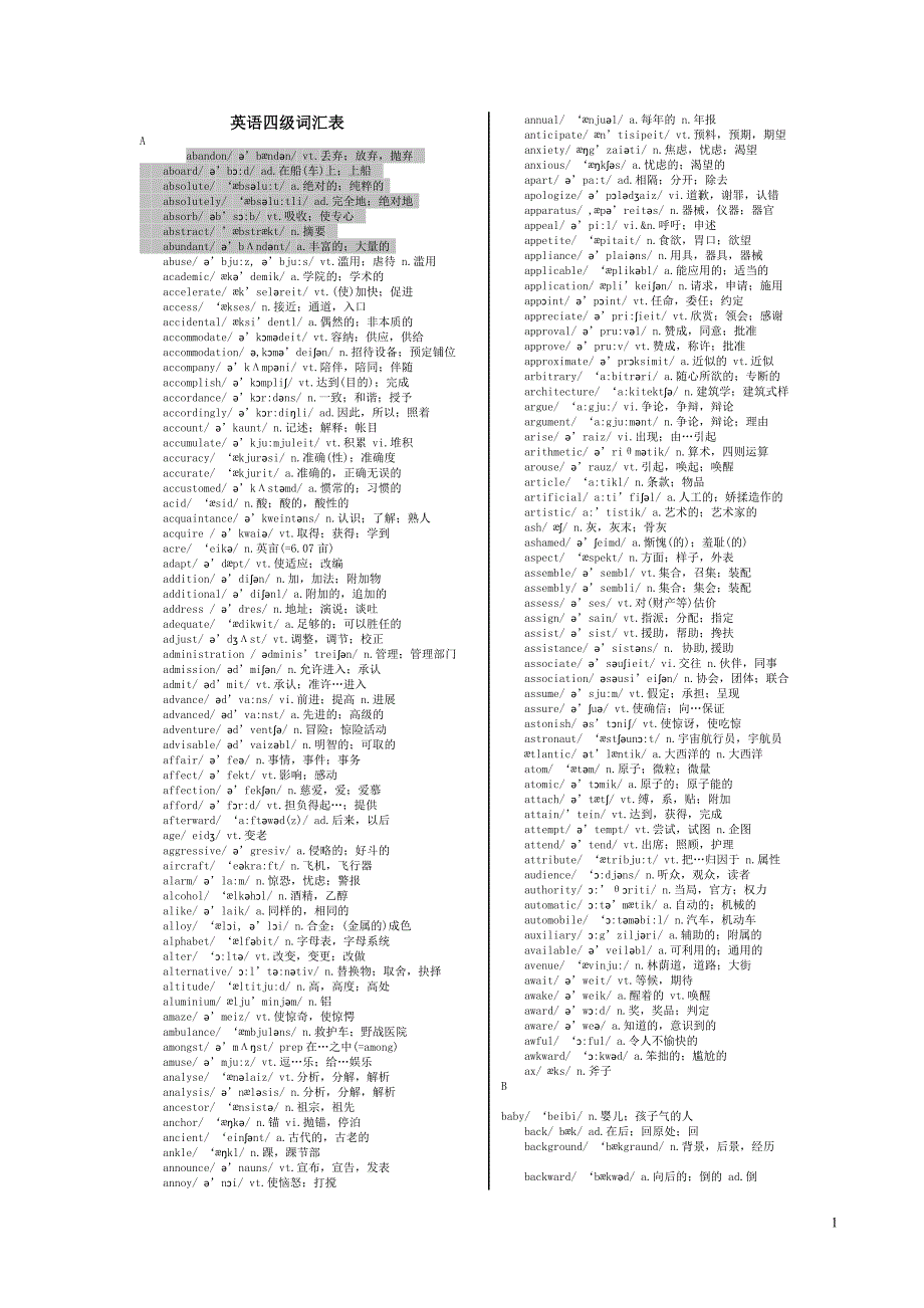 英语四级词汇表带音标(下载)._第1页