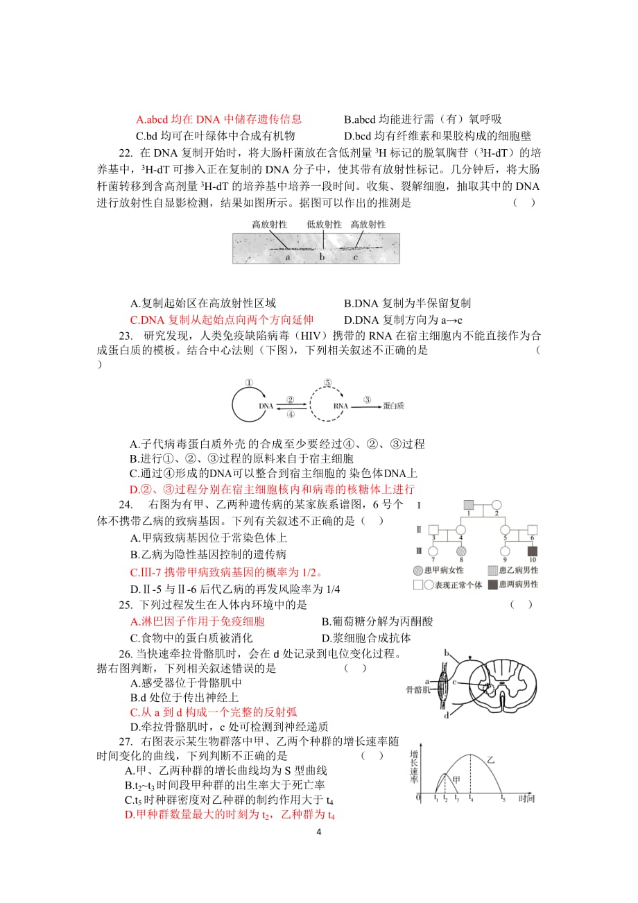 海淀区14-15学年度高三生物期末练习(含答案)_第4页