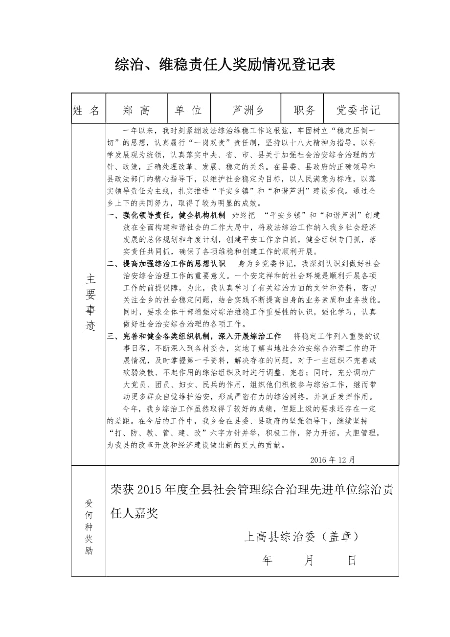 2016年综治、维稳责任人奖励情况登记表剖析_第1页