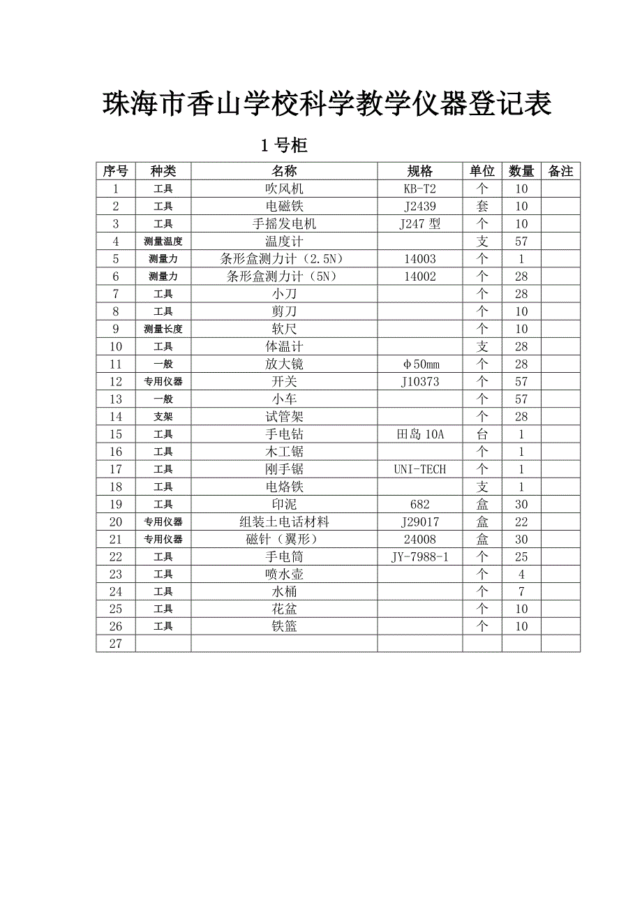 珠海市香山学校科学教学仪器登记表及总表._第1页