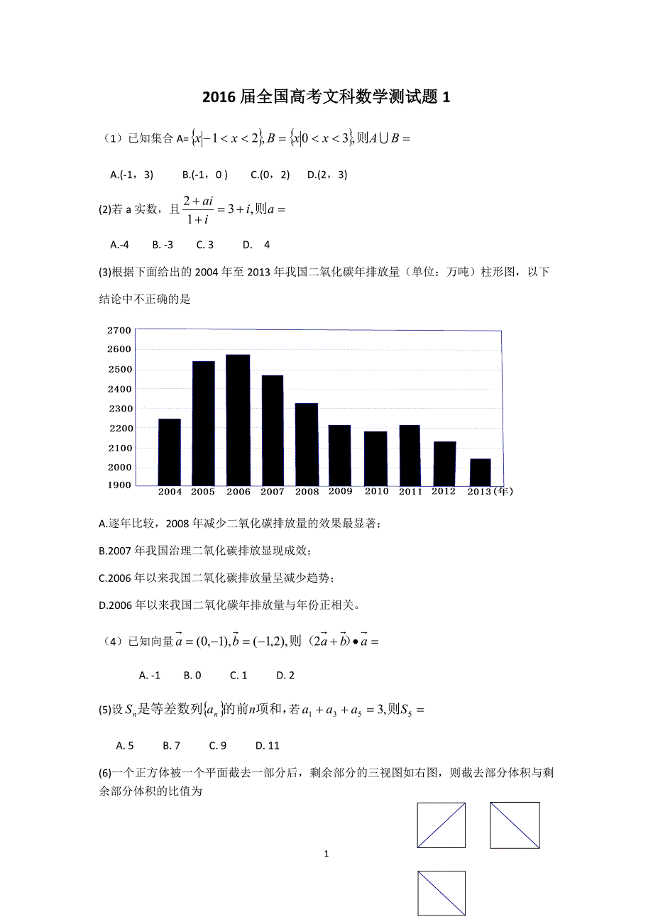 2016届高考文科数学选择填空训练1剖析_第1页