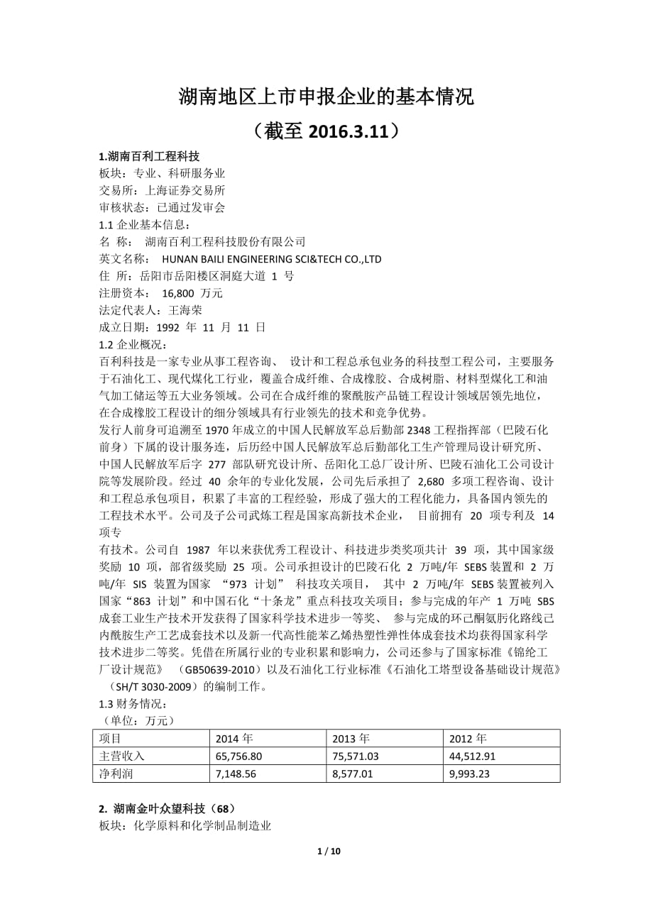 湖南地区ipo申报的企业基本概况._第1页