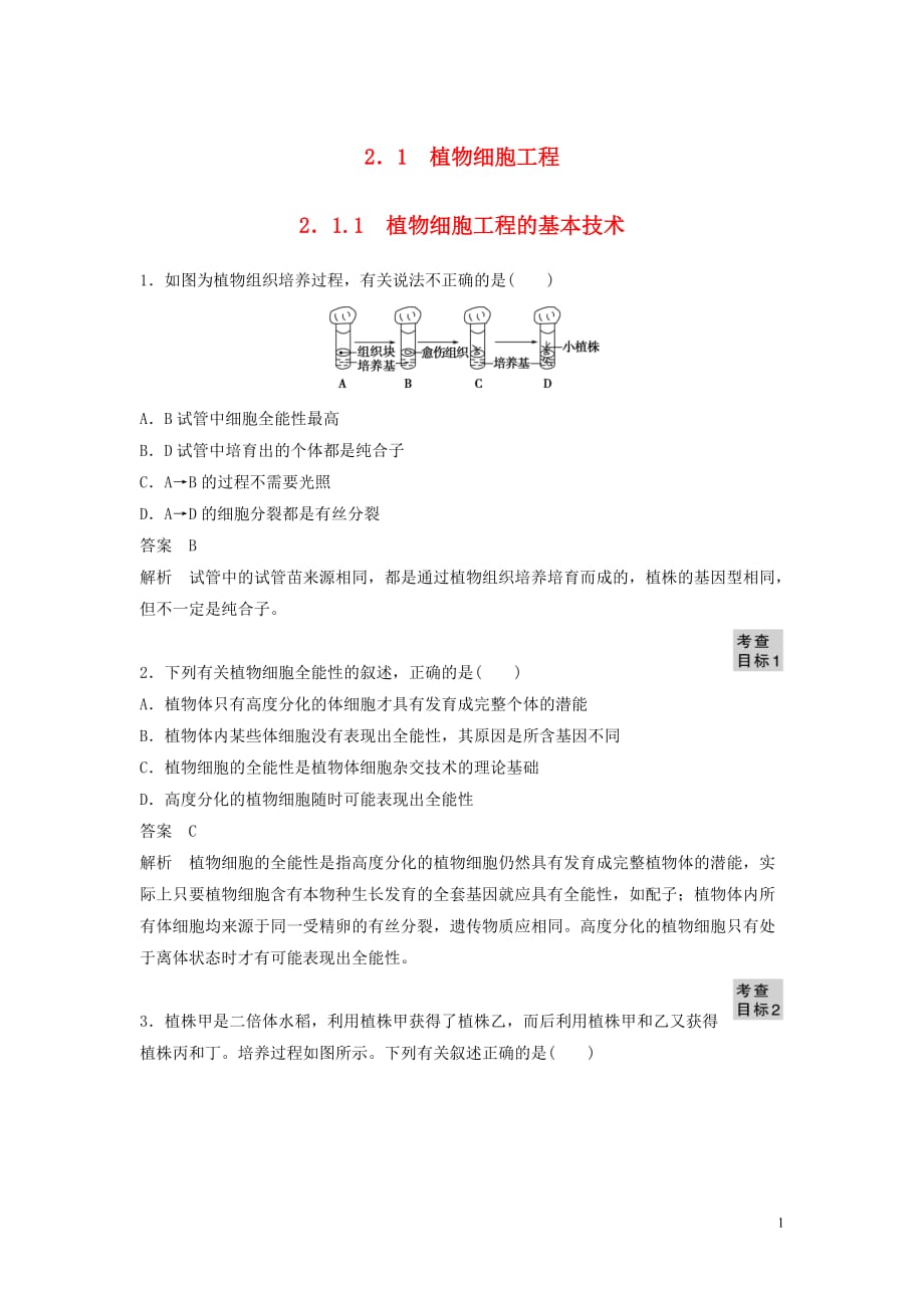 2015-2016学年人教版选修三植物细胞工程的基本技术 作业_第1页