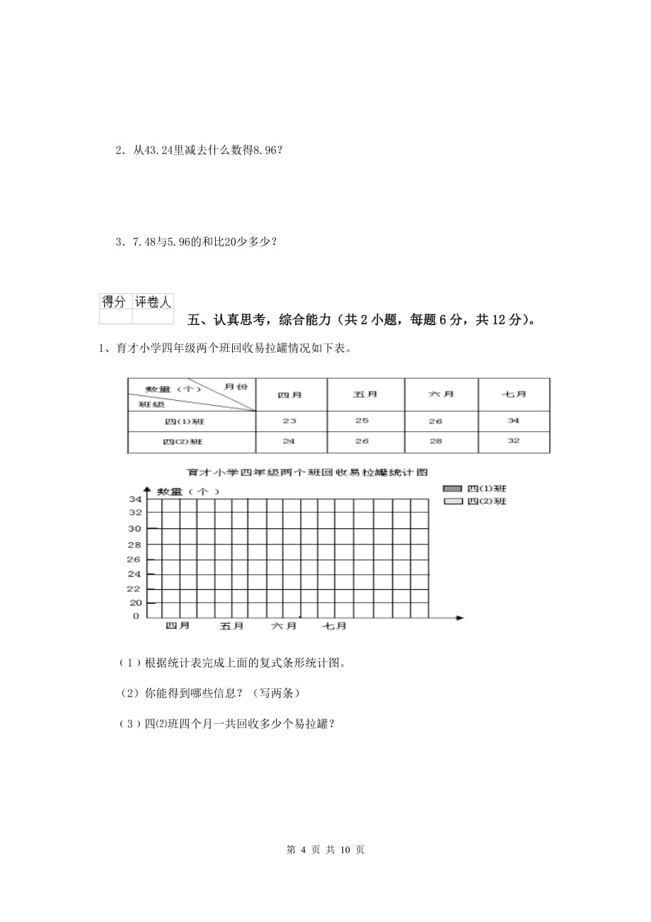 2019版实验小学四年级数学下学期期末摸底考试试题b卷 含答案_第4页