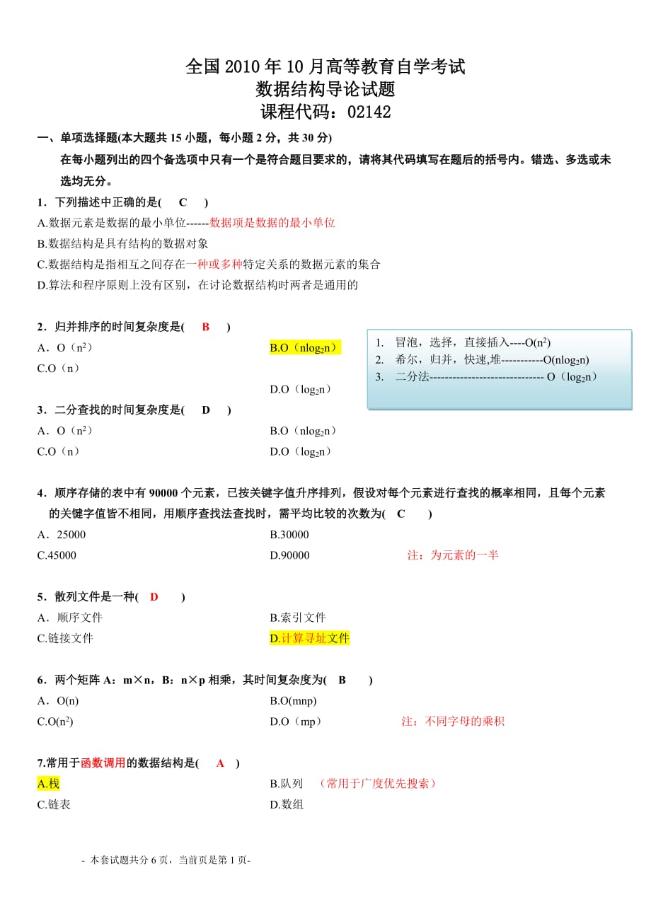 全国2010年10月自考数据结构导论考试试题,答案,笔记_第1页