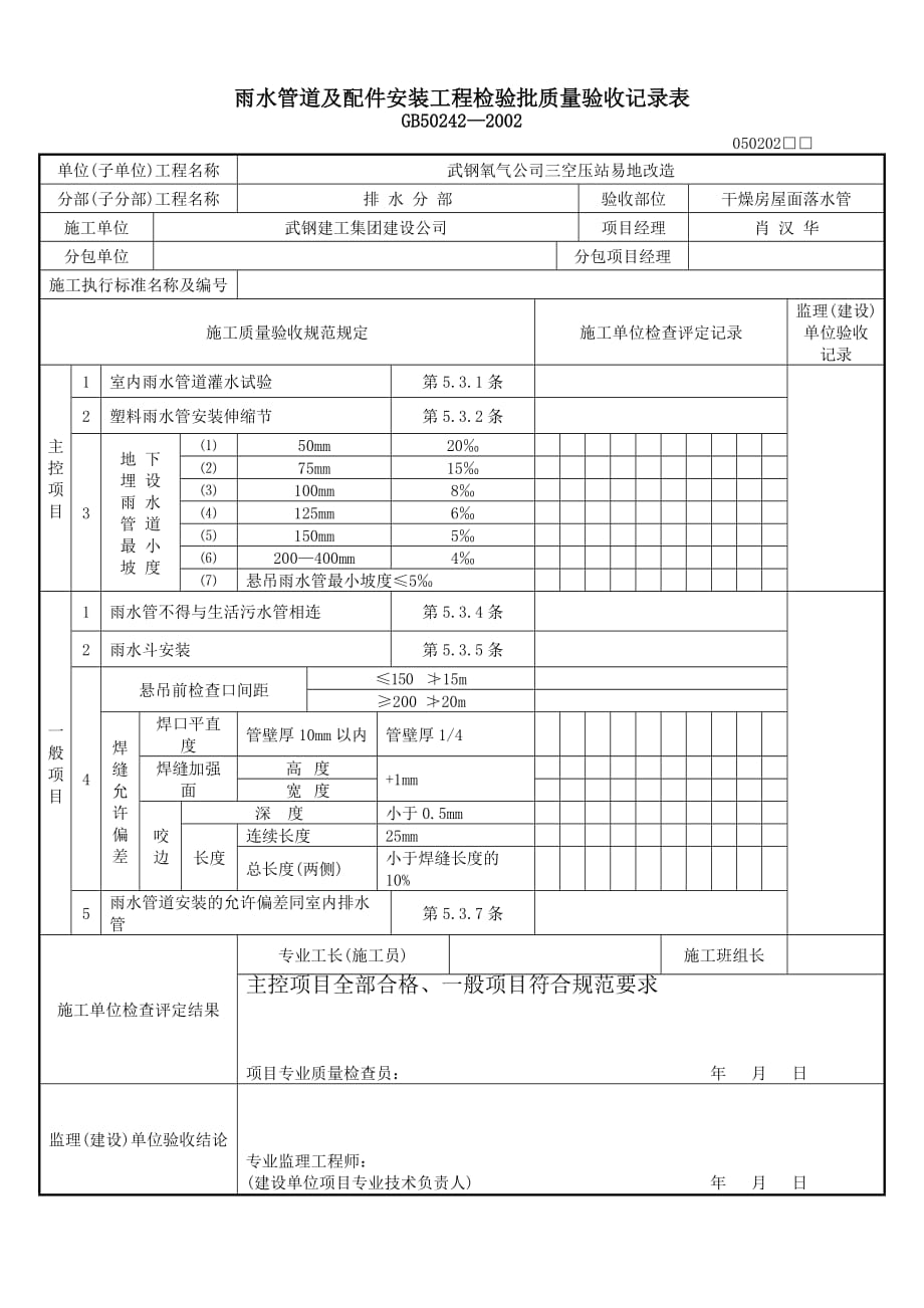 雨水管道及配件安装工程检验批质量验收记录表空白模板_第1页