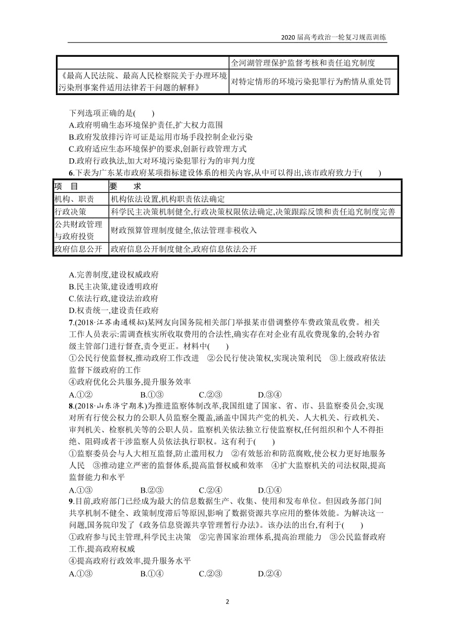 2020届高三政治一轮复习规范训练15我国政府受人民的监督含解析天津版_第2页