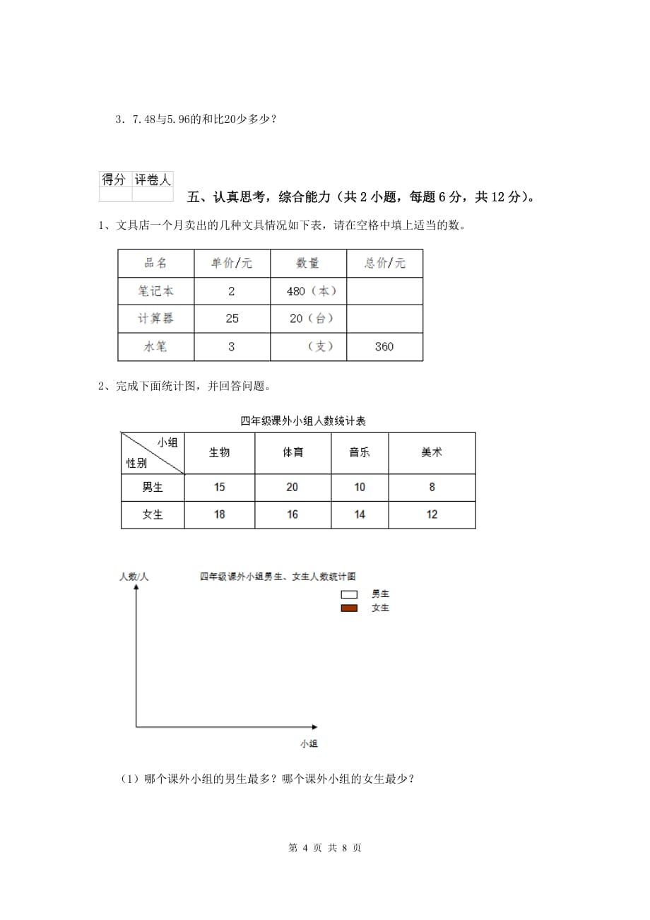 2019版实验小学四年级数学【下册】开学考试试题d卷 （含答案）_第4页