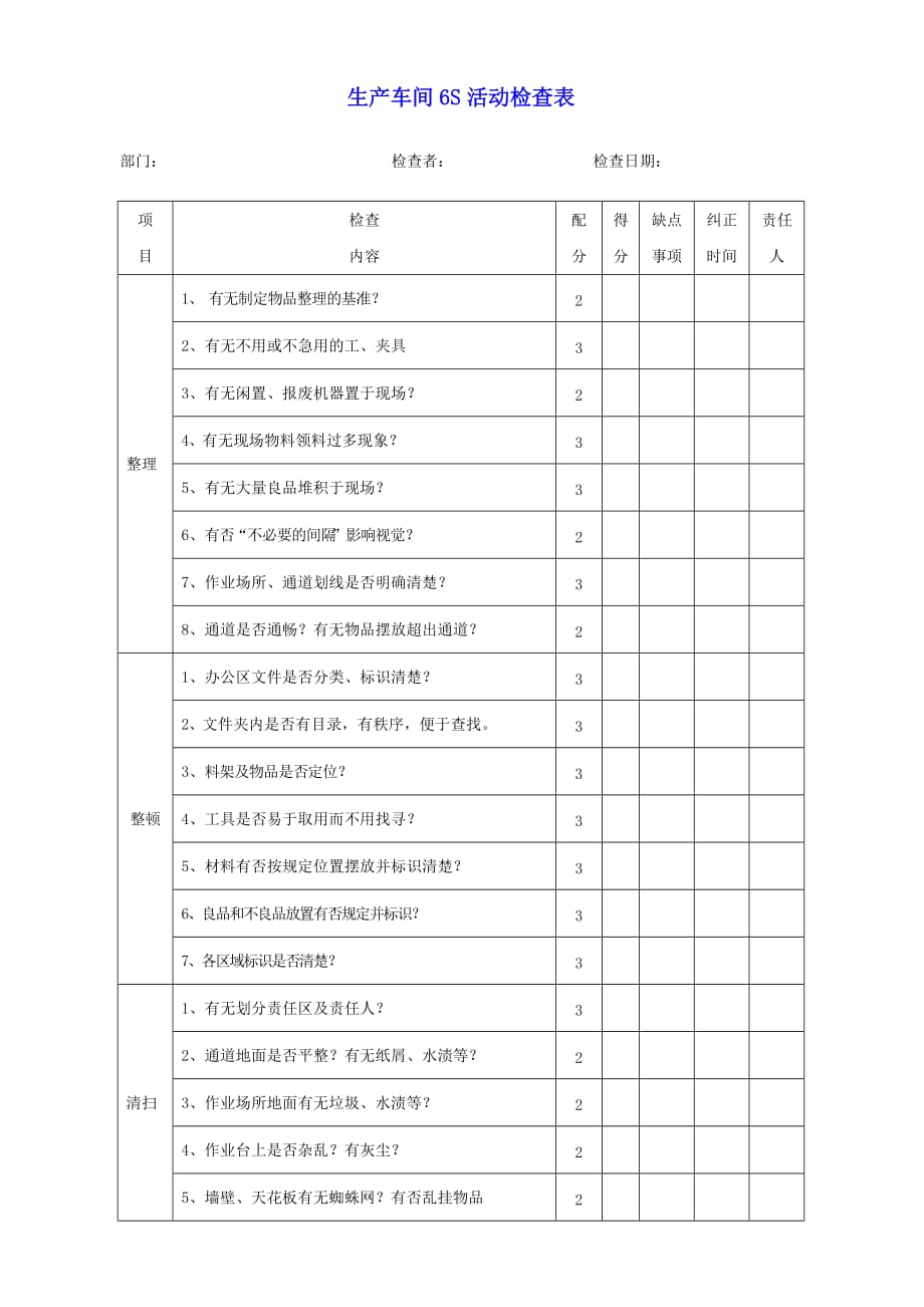 生产车间6s管理检查表_第1页