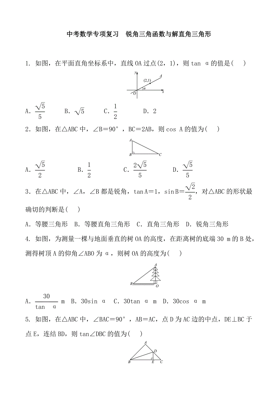 2020年中考数学专项复习《锐角三角函数与解直角三角形》(含答案与部分解析)_第1页