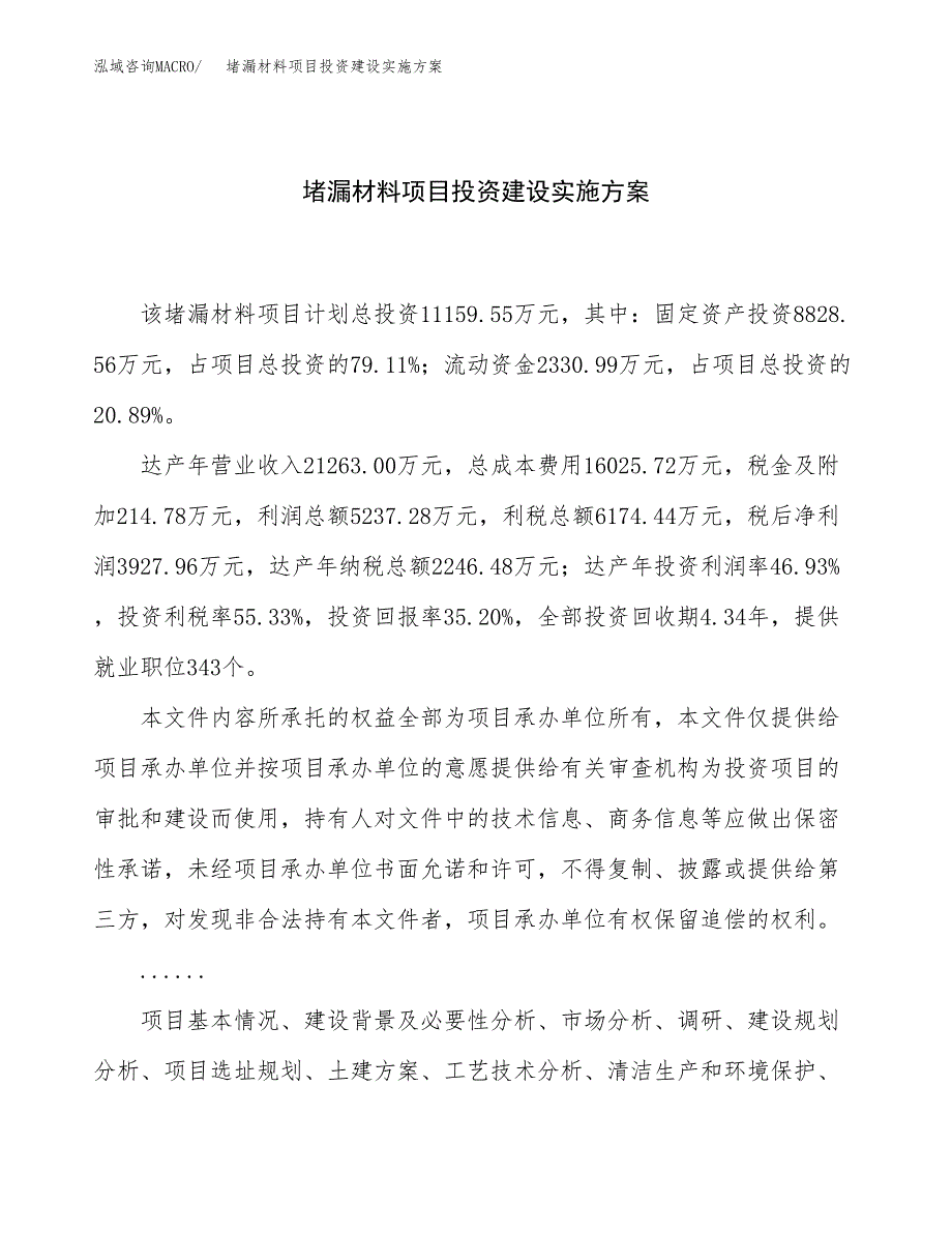 堵漏材料项目投资建设实施方案.docx_第1页