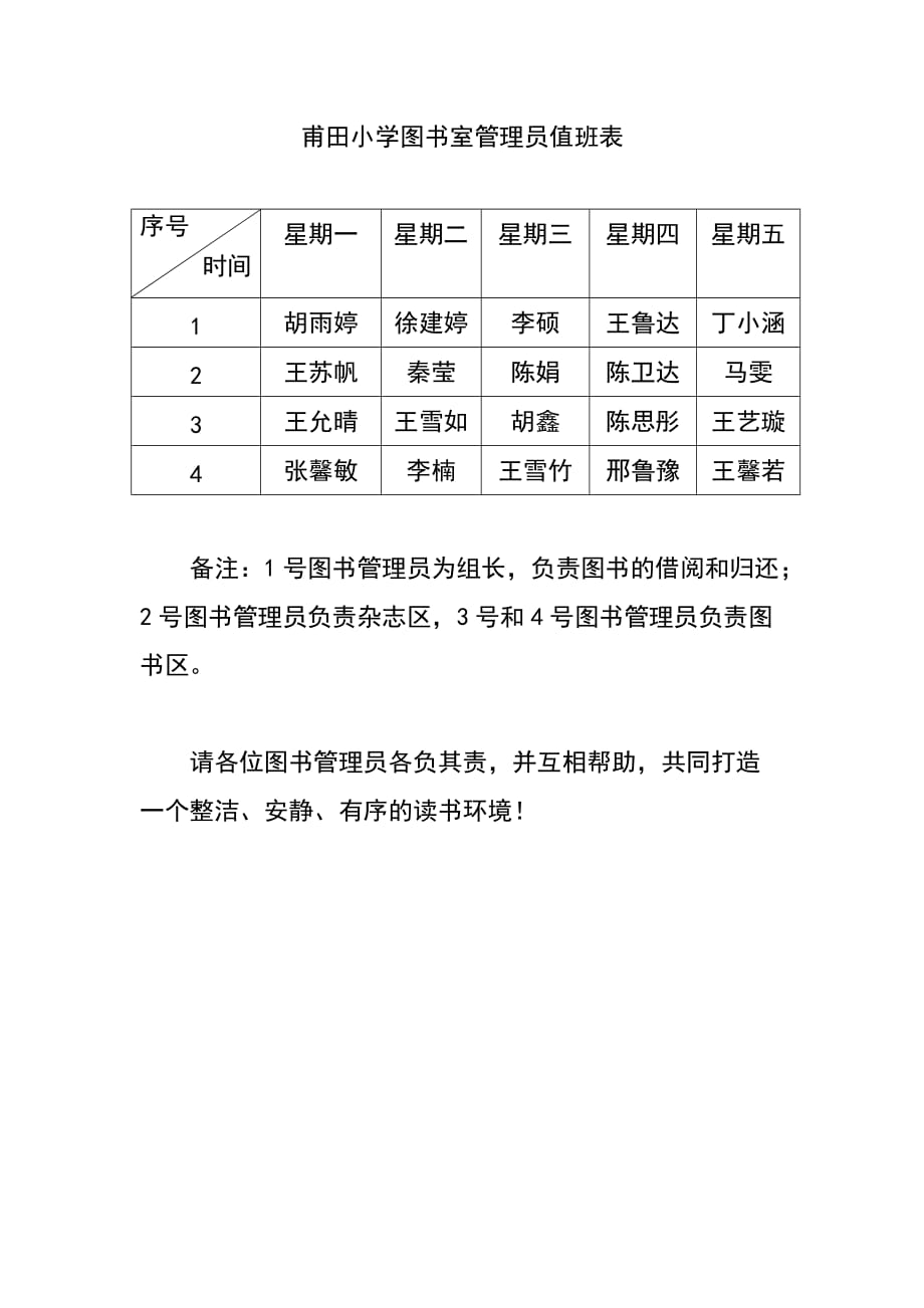 图书室管理员值班表_第1页