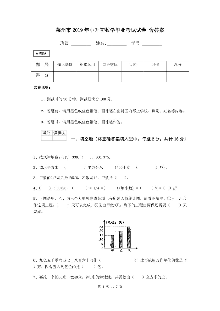 莱州市2019年小升初数学毕业考试试卷 含答案_第1页