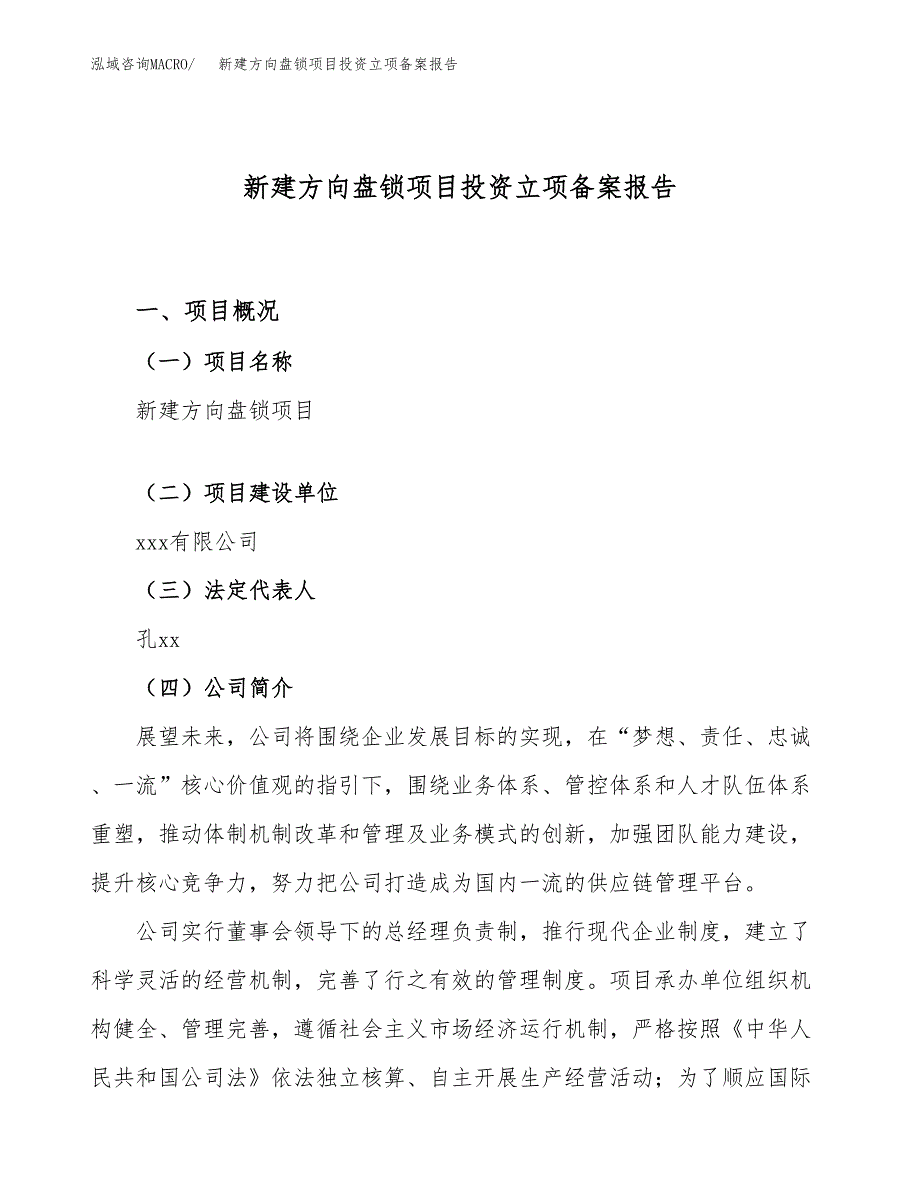 新建方向盘锁项目投资立项备案报告(项目立项).docx_第1页