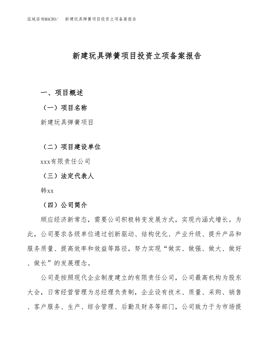 新建玩具弹簧项目投资立项备案报告(项目立项).docx_第1页