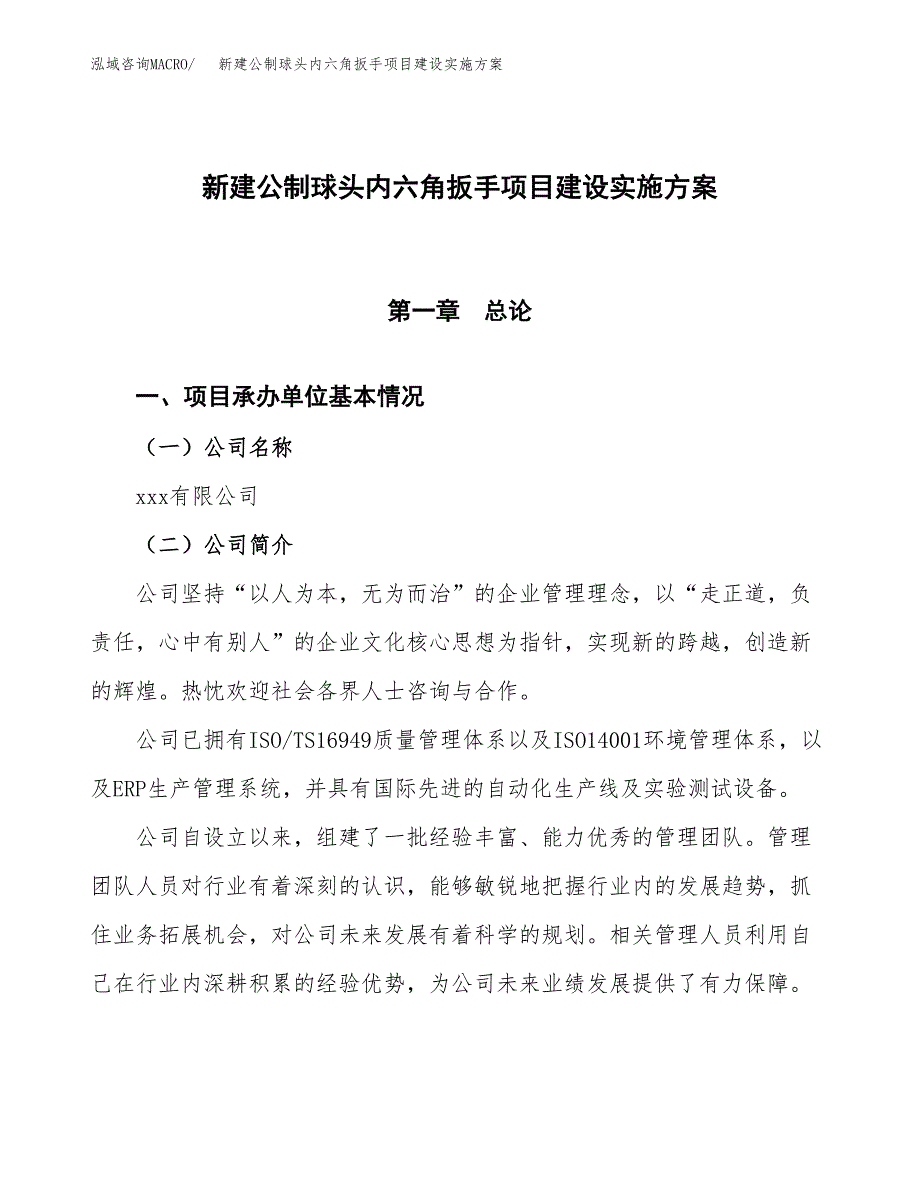 (申报)新建公制球头内六角扳手项目建设实施方案.docx_第1页