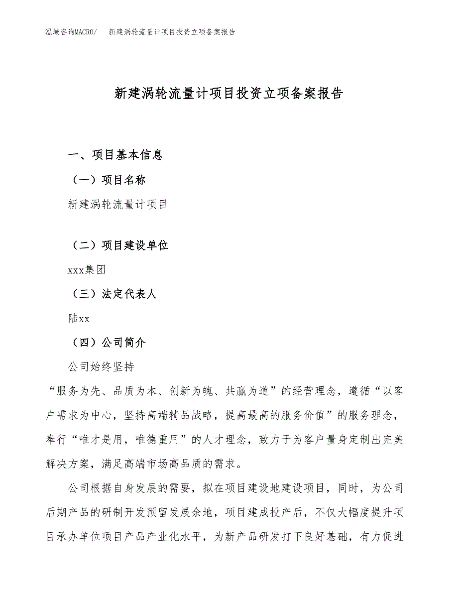 新建涡轮流量计项目投资立项备案报告(项目立项).docx_第1页