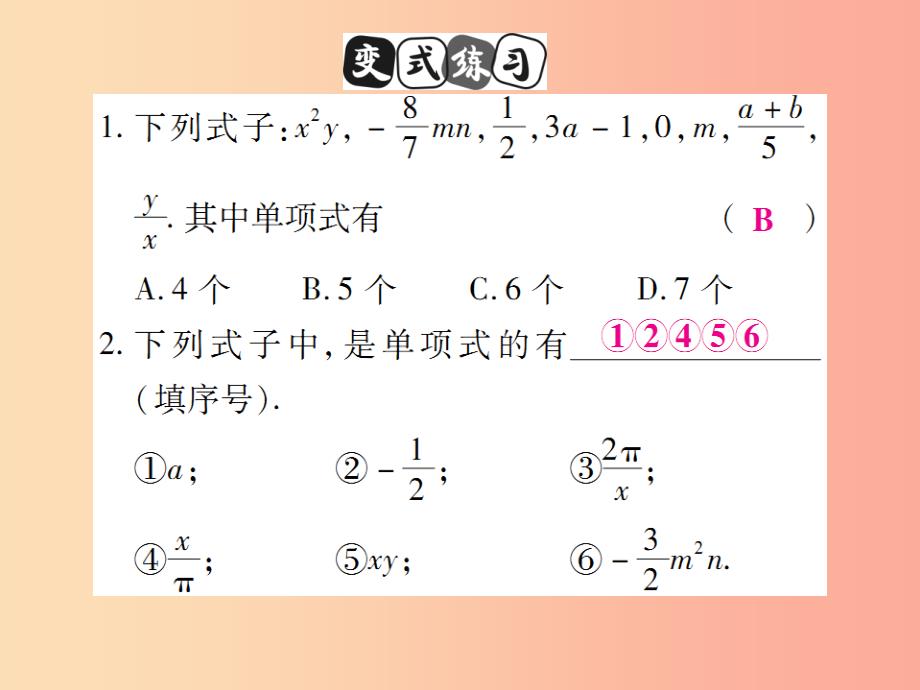 2019年秋七年级数学上册第二章整式的加减2.1整式第2课时讲解课件 新人教版_第4页