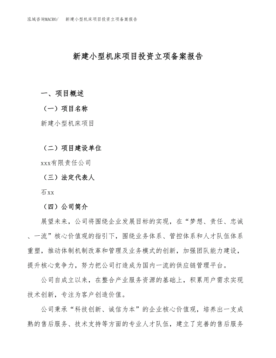 新建小型机床项目投资立项备案报告(项目立项).docx_第1页