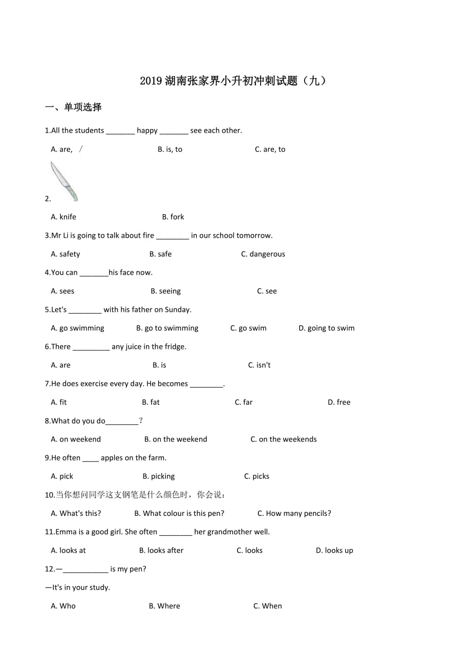 六年级下册英语试题--2019湖南张家界小升初冲刺试题(九)湘少版（ 含答案）_第1页