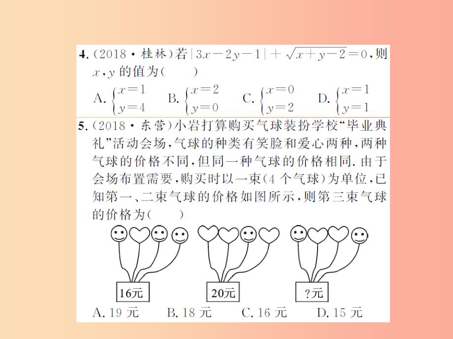 2019届中考数学总复习 第二章 方程（组）与不等式（组）第一节 一次方程（组）课件_第4页