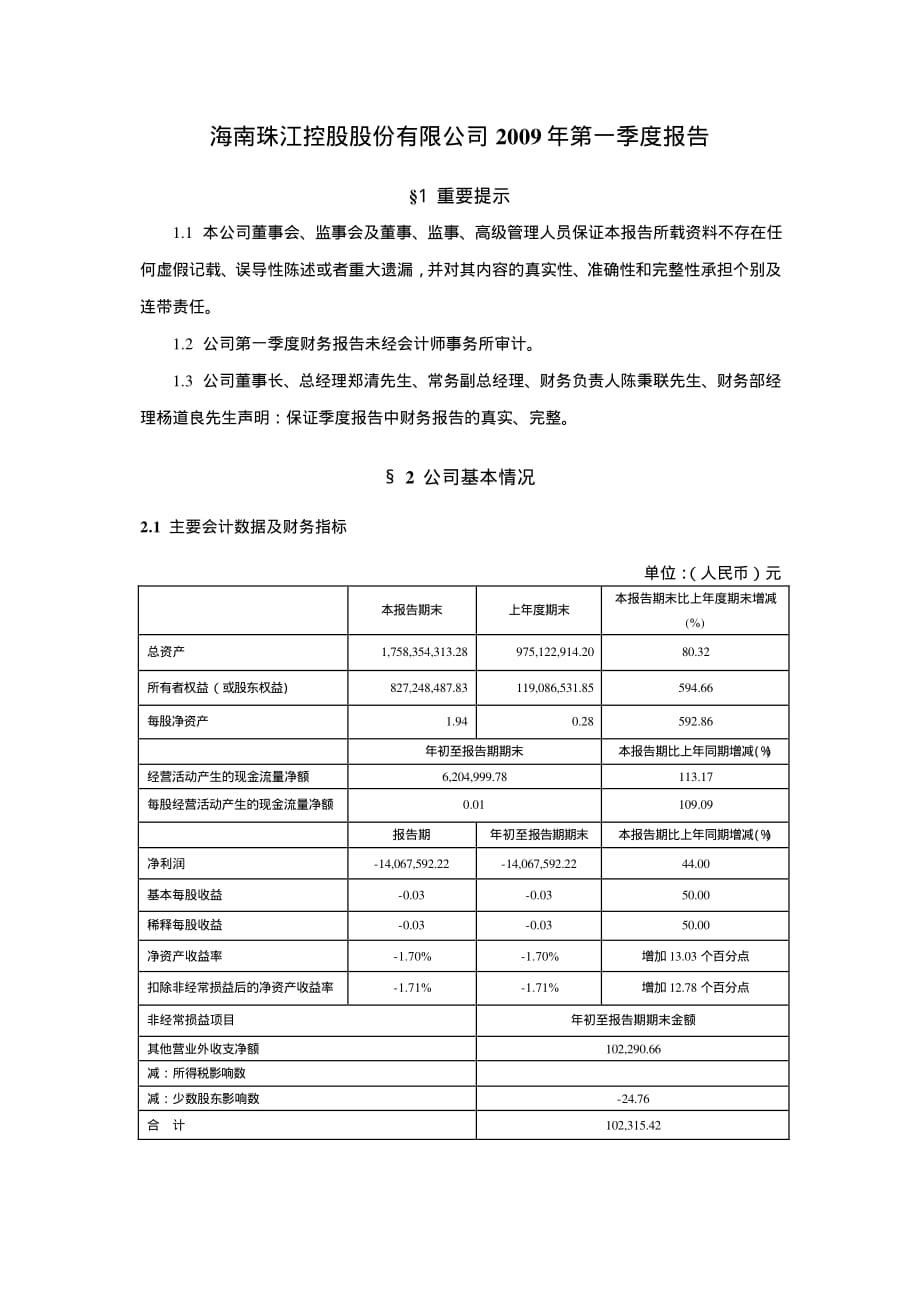 海南珠江控股股份有限公司2009年第一季度报告_第1页