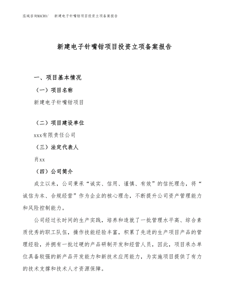 新建电子针嘴钳项目投资立项备案报告(项目立项).docx_第1页