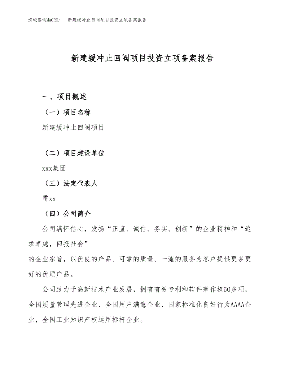 新建缓冲止回阀项目投资立项备案报告(项目立项).docx_第1页