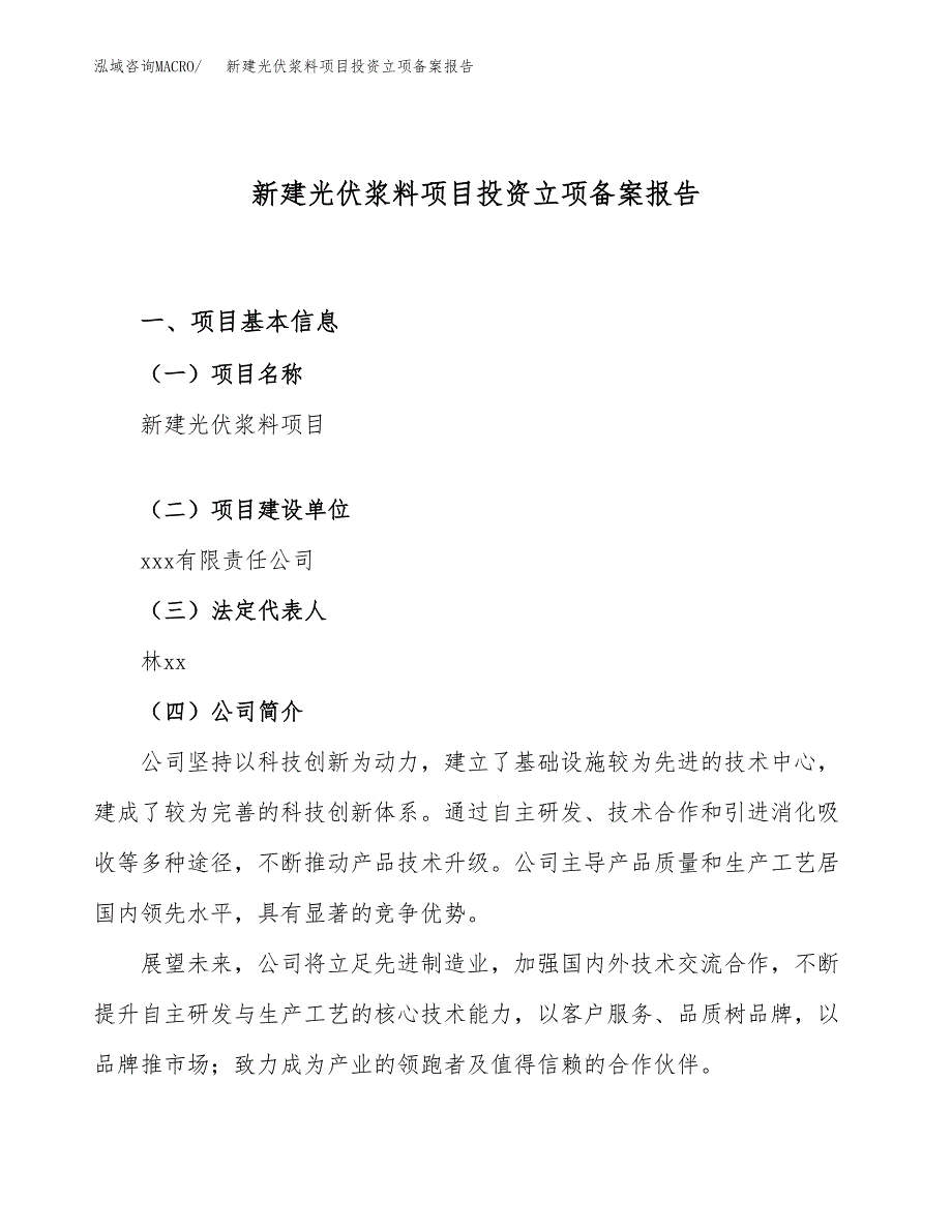 新建光伏浆料项目投资立项备案报告(项目立项).docx_第1页