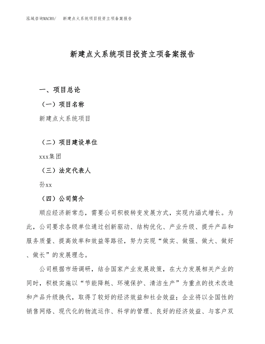 新建点火系统项目投资立项备案报告(项目立项).docx_第1页