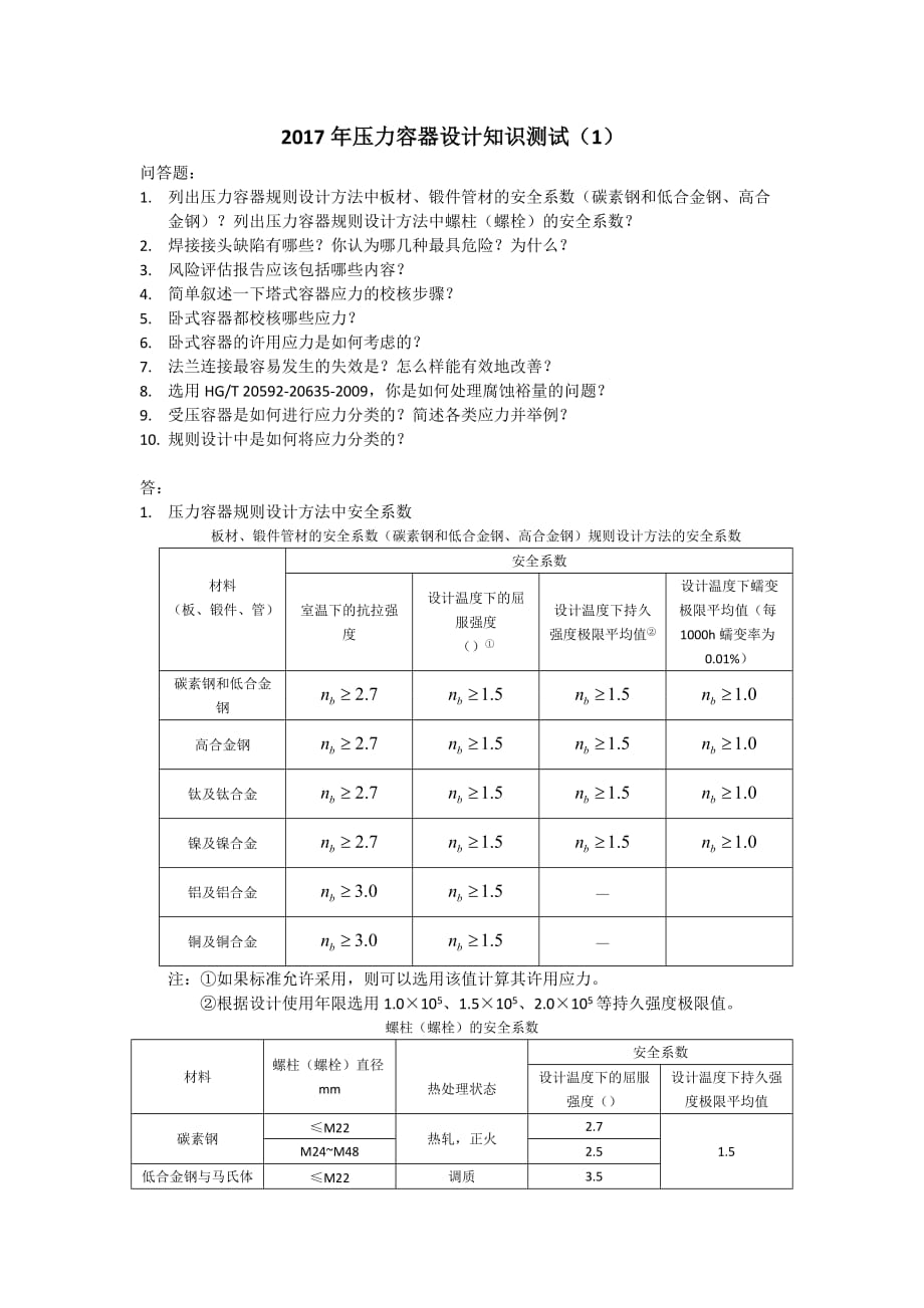 2017年压力容器设计知识测试资料_第1页