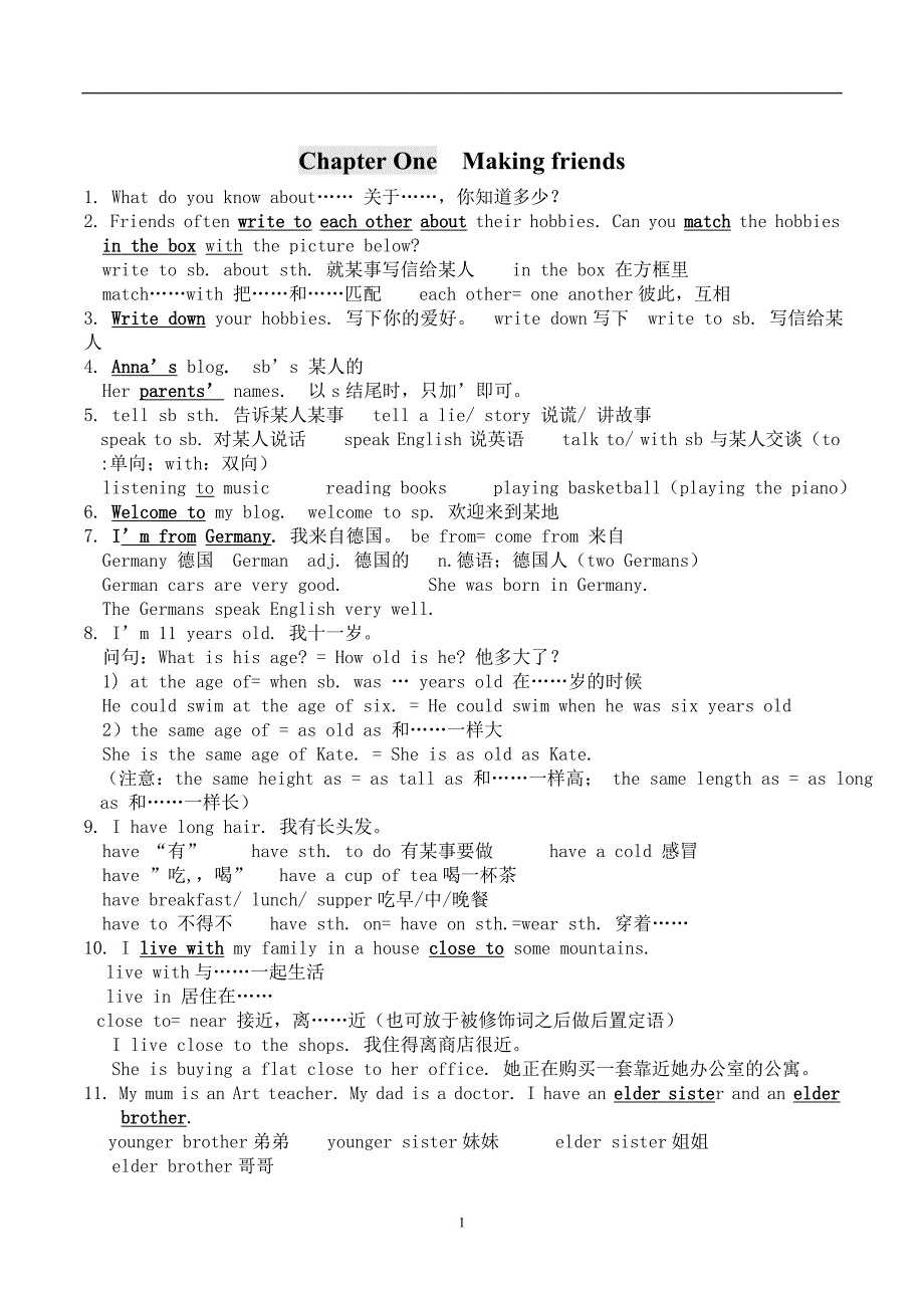 7a英语unit1 making friends知识点及语法归纳_第1页