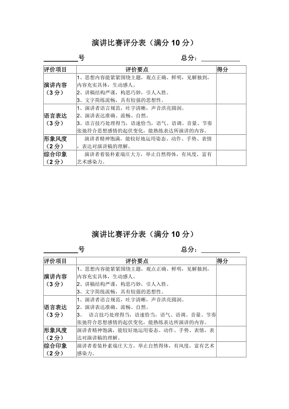 中学生演讲比赛评分表模板_第1页