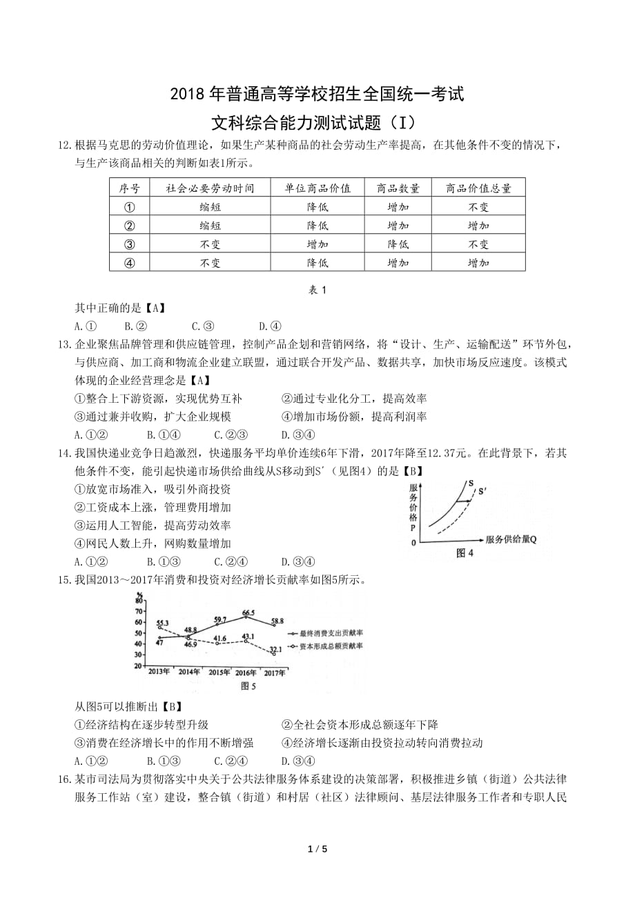 2018高考文综政治全国i卷试题及答案资料_第1页