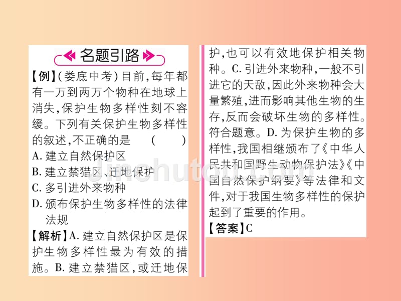 2019年八年级生物上册 第6单元 第3章保护生物的多样性练习课件新人教版_第3页