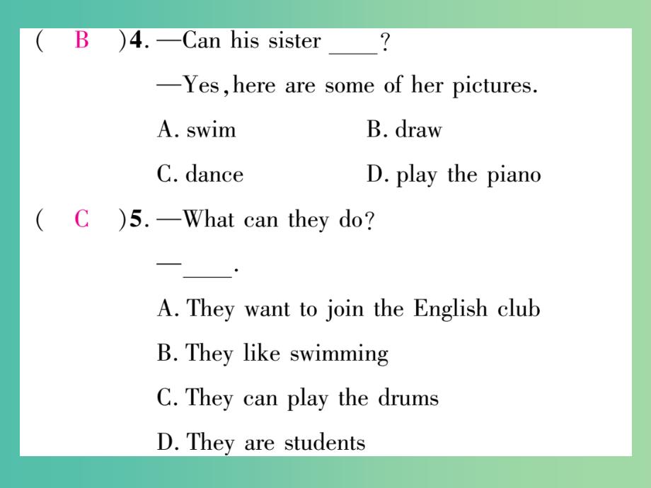 七年级英语下册 unit 1 can you play the guitar（第3课时）section b（1a-1f）习题课件 （新版）人教新目标版_第4页