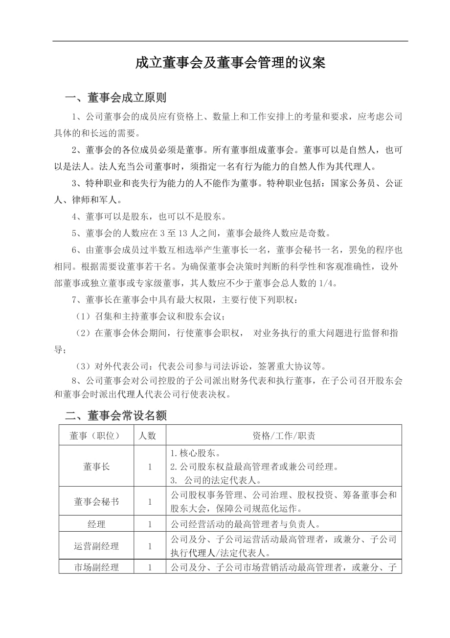 成立董事会及董事会管理的议案_第1页