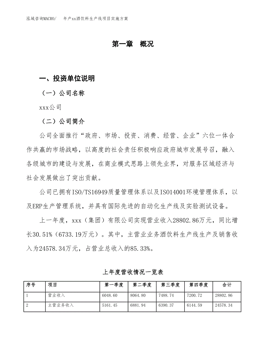 年产xx酒饮料生产线项目实施方案模板.docx_第1页