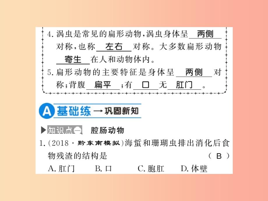 2019年八年级生物上册 第五单元 第1章 第1节 腔肠动物和扁形动物习题课件新人教版_第3页